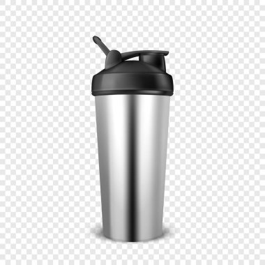 Vektör gerçekçi 3d boş parlak metal shaker spor beslenme closeup saydamlık ızgara arka plan üzerinde izole için. Ambalaj mockup grafikler için tasarım şablonu. Önden görünüm
