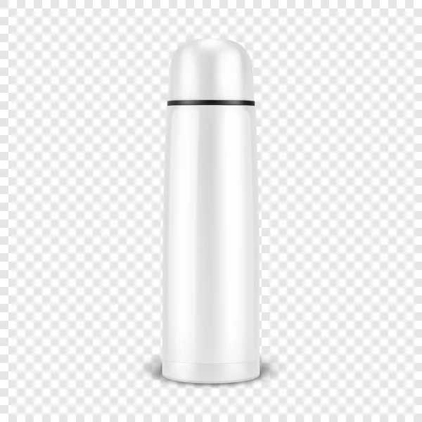 Vector realistic 3d wgite empty glossy metal vacuum thermo tumbler flask closeup isolated on transparency grid background. Design template of packaging mockup for graphics. Front view — Stock Vector