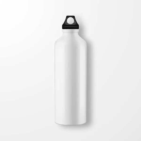Vector realistiska 3d vit tom glänsande metall vattenflaska med svart bung närbild på vit bakgrund. Formgivningsmall för förpackning mockup för grafik. Ovanifrån — Stock vektor
