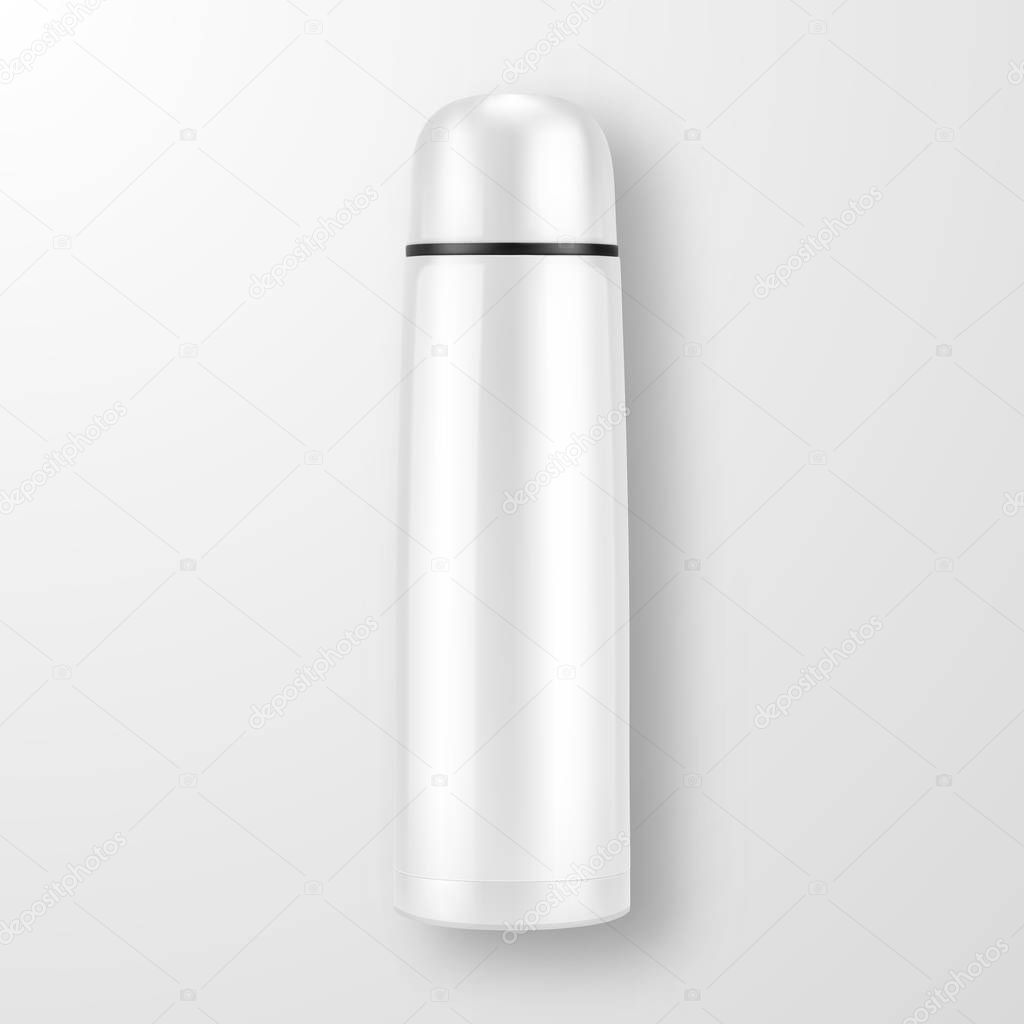 Vector realistic 3d wgite empty glossy metal vacuum thermo tumbler flask closeup on white background. Design template of packaging mockup for graphics. Top view