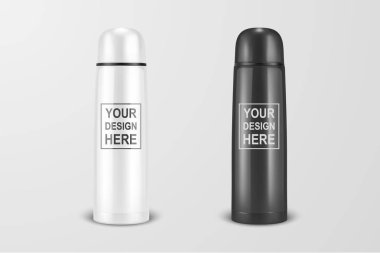 Vektör gerçekçi 3d beyaz ve üzerinde closeup boş parlak metal Vakum termo tumbler şişesi Icon set siyah arka plan beyaz. Ambalaj mockup grafikler için tasarım şablonu. Önden görünüm