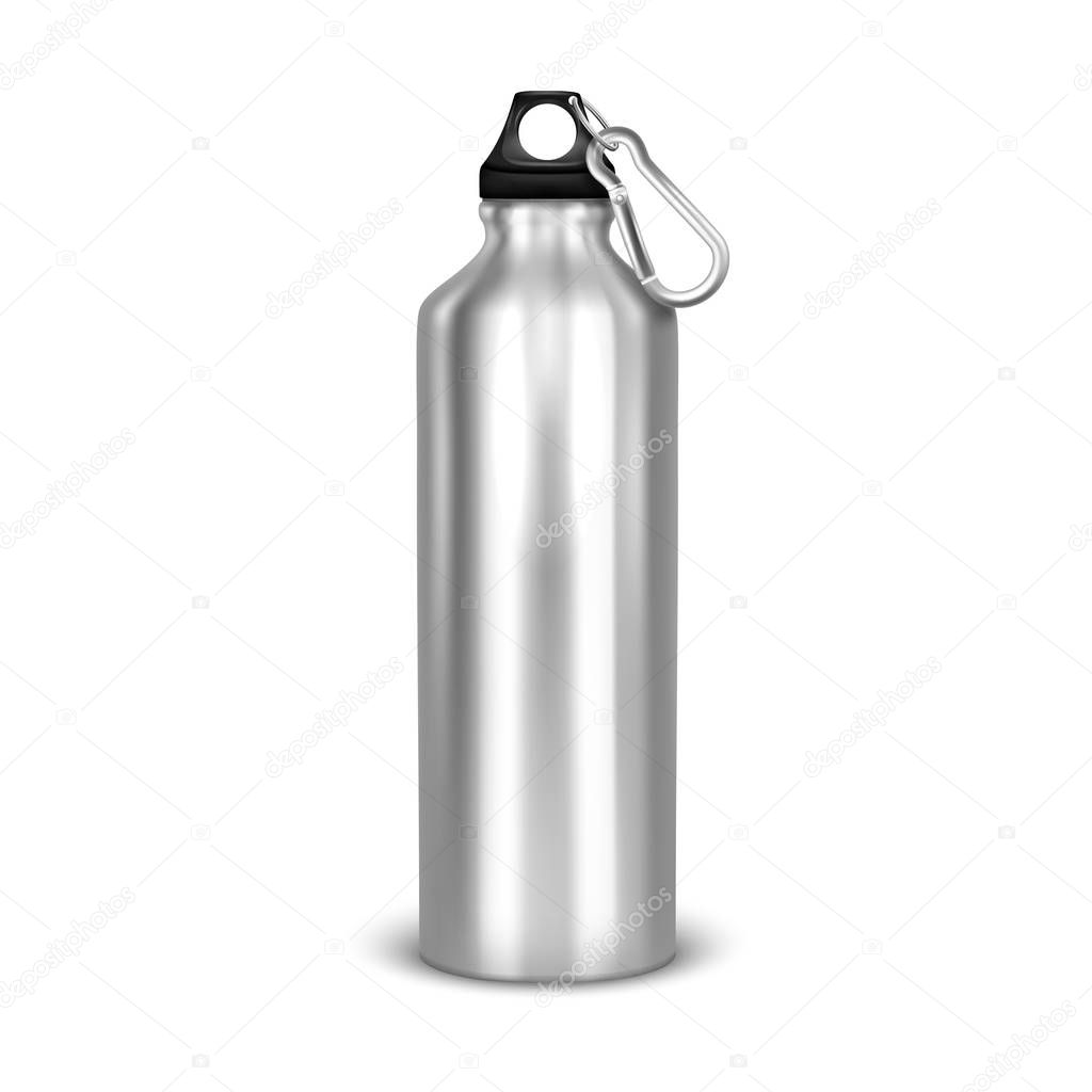 Vector realistic 3d empty glossy metal water bottle with black bung closeup isolated on white background. Design template of packaging mockup for graphics. Front view
