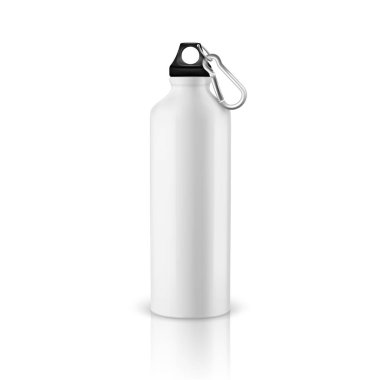 Vektör gerçekçi 3d beyaz boş parlak metal su şişesi izole beyaz arka plan üzerinde siyah tıkamak closeup ile. Ambalaj mockup grafikler için tasarım şablonu. Önden görünüm
