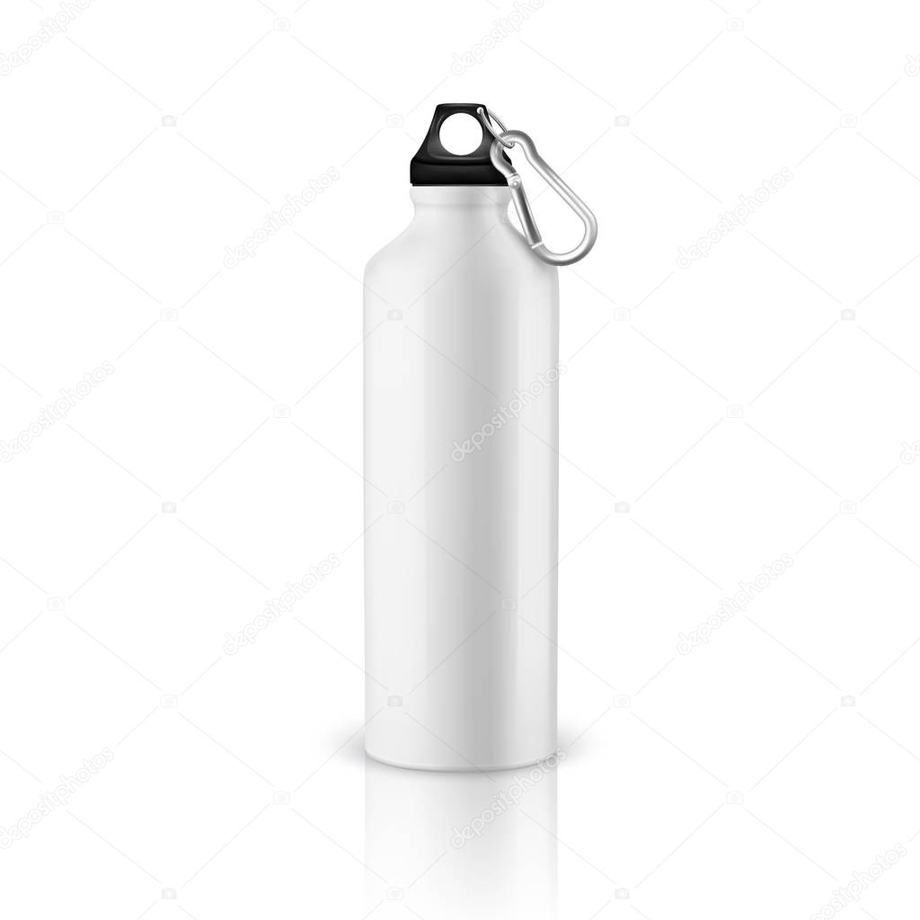 Vector realistic 3d white empty glossy metal water bottle with black bung closeup isolated on white background. Design template of packaging mockup for graphics. Front view