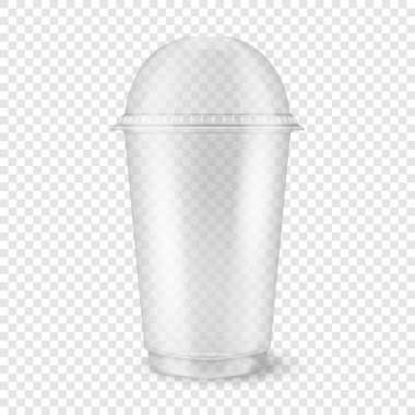 Vektör gerçekçi 3d boş şeffaf plastik tek kullanımlık fincan saydamlık ızgara arka plan üzerinde izole küre kubbe kap closeup ile. Şablon / ambalaj mockup milkshake, çay, taze - grafik tasarım