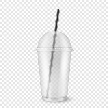 Gerçekçi 3d boş şeffaf plastik tek kullanımlık Kupası küre kubbe kapak ve saydamlık ızgara arka plan üzerinde izole bir saman closeup ile vektör. Grafik - milkshake için ambalaj mockup tasarım şablonu