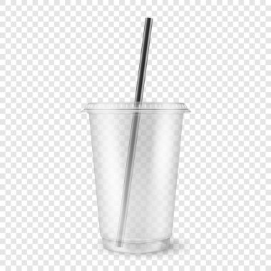 Vektör gerçekçi 3d boş şeffaf plastik tek kullanımlık fincan saydamlık ızgara arka plan üzerinde izole bir saman closeup ile. Ambalaj mockup milkshake, çay, taze meyve suyu - grafik tasarım şablonu