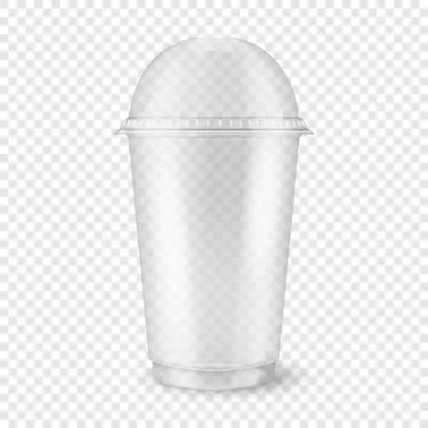 Vettore realistico 3d vuoto tazza monouso in plastica trasparente con tappo a cupola sfera primo piano isolato su sfondo griglia di trasparenza. Modello di design del modello di imballaggio per la grafica milkshake, tè, fresco — Vettoriale Stock