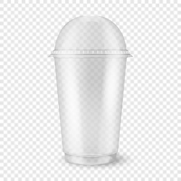 Vector realista 3d vacío taza desechable de plástico transparente con tapón de cúpula de esfera primer plano aislado en el fondo de la rejilla de transparencia. Plantilla de diseño de maqueta de embalaje para gráficos - batido, té, fresco — Archivo Imágenes Vectoriales