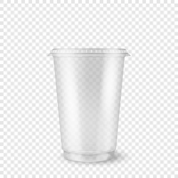 Vector realista 3d vazio plástico transparente copo descartável closeup isolado no fundo grade transparência. Modelo de design de maquete de embalagem para gráficos - milkshake, chá, suco fresco, limonada — Vetor de Stock