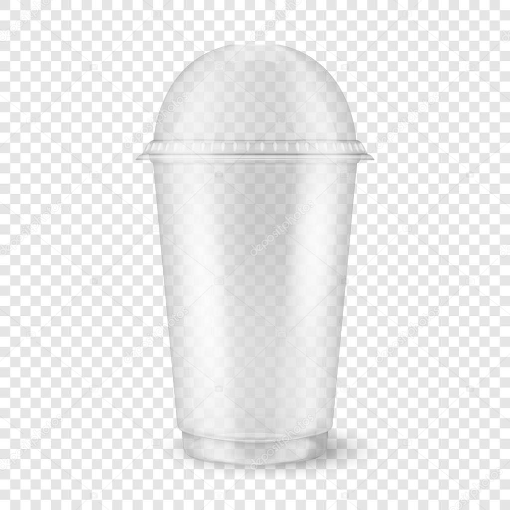 Vector realistic 3d empty clear plastic disposable cup with sphere dome cap closeup isolated on transparency grid background. Design template of packaging mockup for graphics - milkshake, tea, fresh