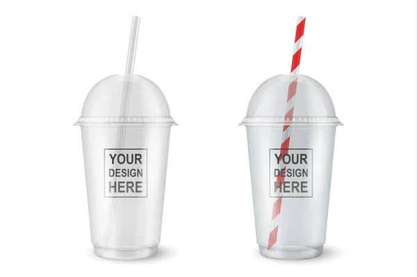 ベクトル現実的な 3 d 空透明なプラスチック使い捨てカップは、透明グリッドの背景に分離されたクローズ アップを設定します。グラフィックス - ミルクセーキ、紅茶、フレッシュ ジュース、レモネードの包装モックアップのテンプレートをデザインします。 — ストックベクタ