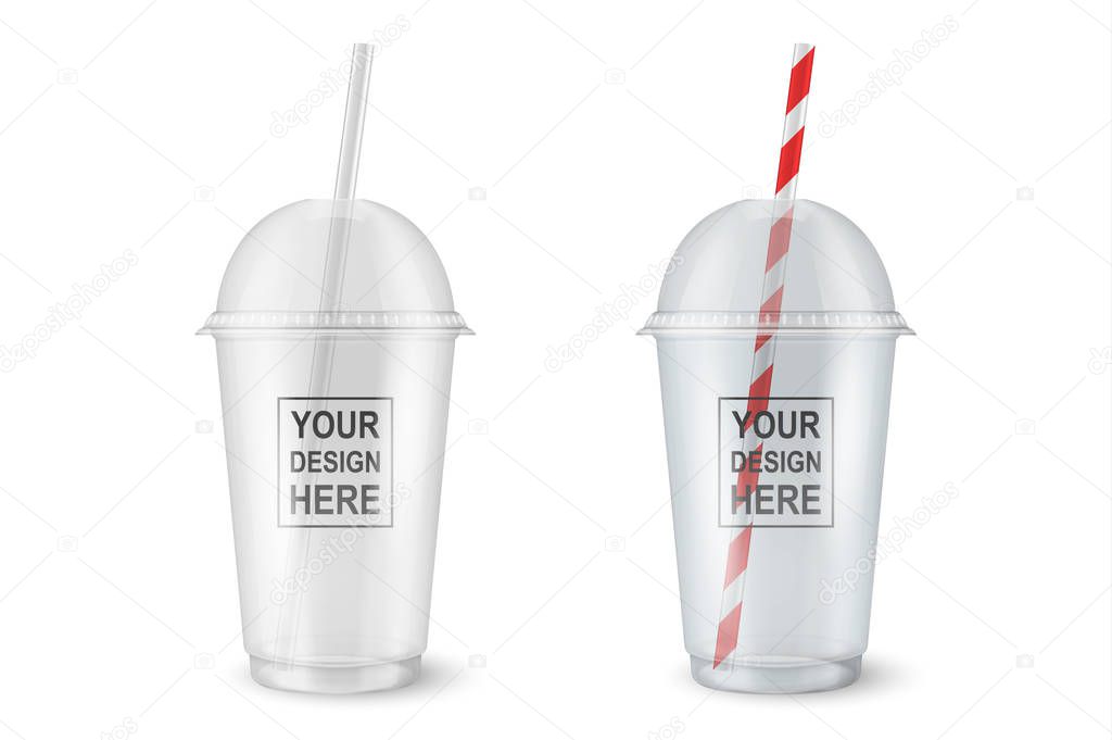 Vector realistic 3d empty clear plastic disposable cup set closeup isolated on transparency grid background. Design template of packaging mockup for graphics - milkshake, tea, fresh juice, lemonade
