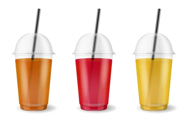 ベクトル現実的な 3 d 透明なプラスチック使い捨て透明カップ パイプを設定します。新鮮な紅茶、オレンジ、アップルやベリー ジュースのセットです。フルーツ有機手ふれ、カクテルのマグカップ。ベジタリアンの健康自然食品です。クローズ アップ — ストックベクタ