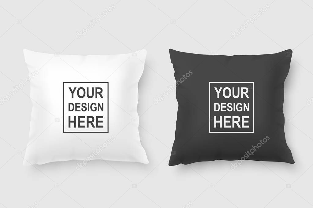 Vector realistic 3d white and black pillow set closeup isolated on white background. Design template for graphics and mockup. Top view.