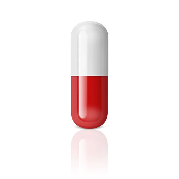 Vettore realistico 3d bianco e rosso icona pillola medica isolato su sfondo bianco con riflessione. Modello di design per grafica, banner. Posizione verticale — Vettoriale Stock
