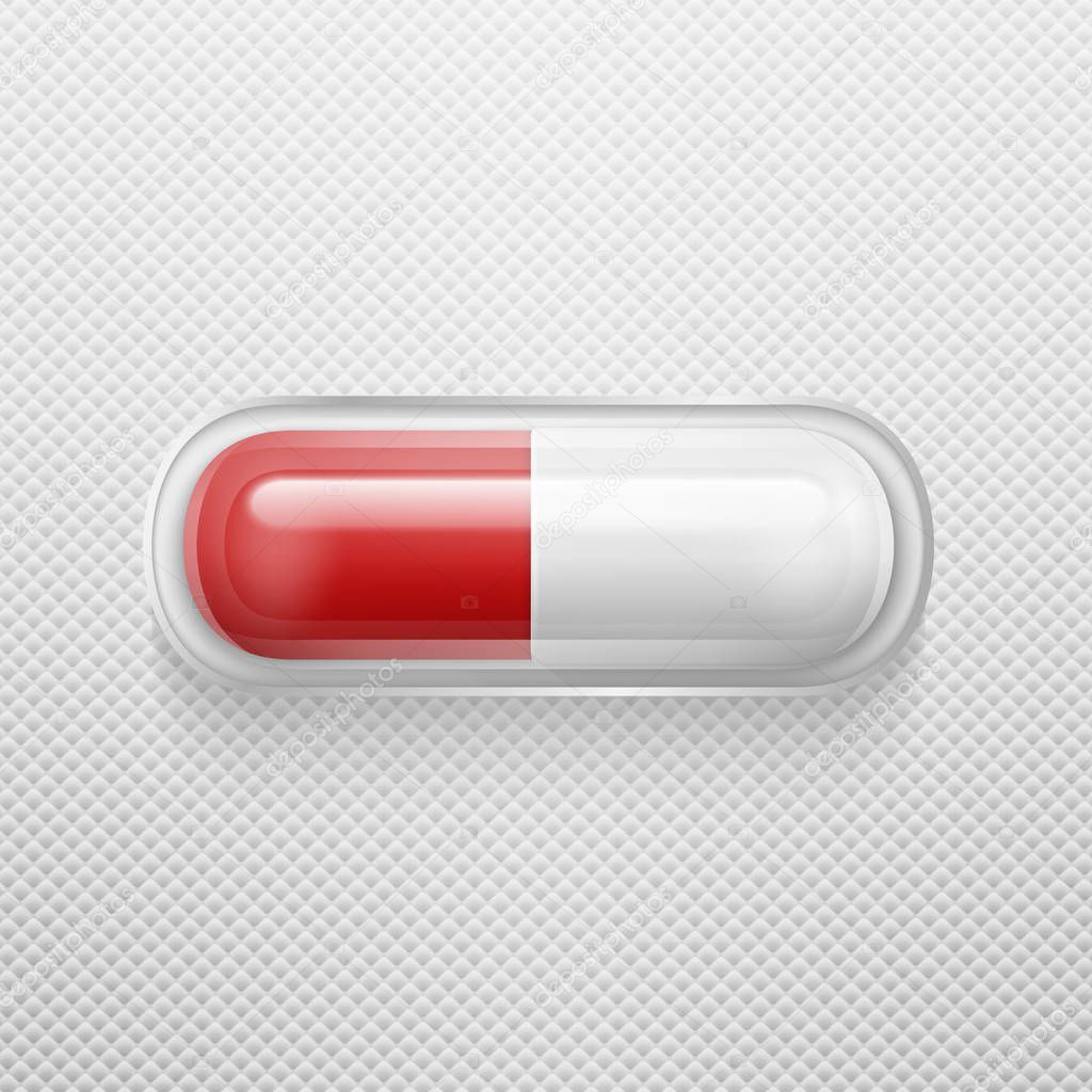 Vector realistic 3d white and red medical pill in pack icon closeup. Design template for graphics, banners. Horizontal position