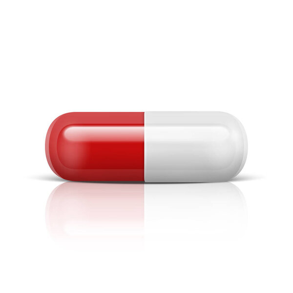 Вектор реалистичный 3d белый и красный медицинский значок таблетки с отражением изолированы на белом фоне. Дизайн шаблона для графики, баннеров. Горизонтальное положение
