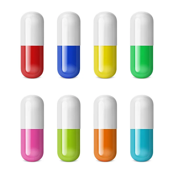 Vector realista 3d diverso color píldora médica icono conjunto aislado sobre fondo blanco. Plantilla de diseño para gráficos, banners. Posición vertical — Archivo Imágenes Vectoriales