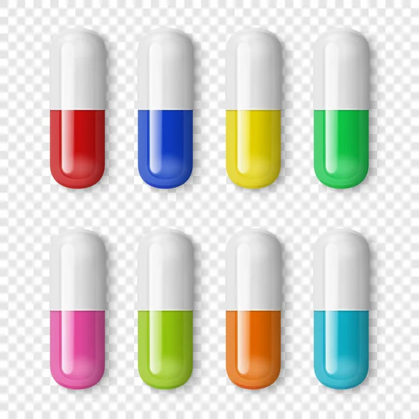 Vector réaliste 3d couleur différente icône de pilule médicale mis isolé sur fond de grille de transparence. Modèle de conception pour les graphiques, bannières. Vue du dessus — Image vectorielle