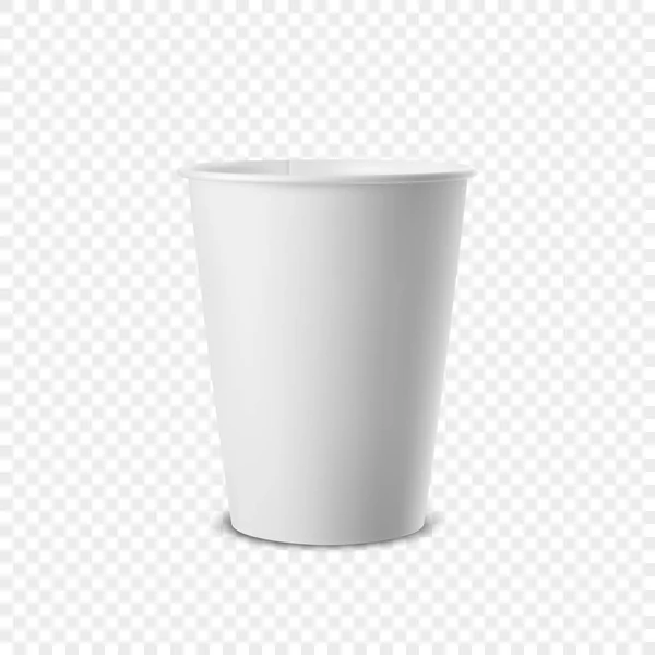 Vector realistic 3d white paper disposable cup icon isolated on transparency grid background. Design template for graphics, mockup. Front view — Stock Vector