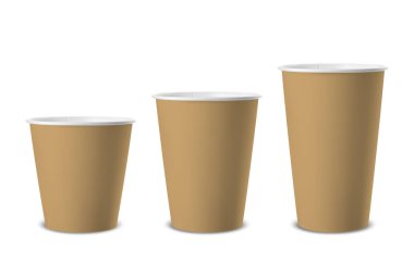 Vektör gerçekçi 3d kahverengi kraft kağıt tek kullanımlık Kupası simgesi beyaz arka plan üzerinde izole kapatmak ayarlayın. Farklı boyut - küçük, orta ve büyük. Grafik, Tasarım şablonunda mockup. Önden görünüm