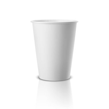 Vektör gerçekçi 3d beyaz kağıt tek kullanımlık Kupası simgesi beyaz arka plan üzerinde izole yansıması ile. Grafik, Tasarım şablonunda mockup. Önden görünüm