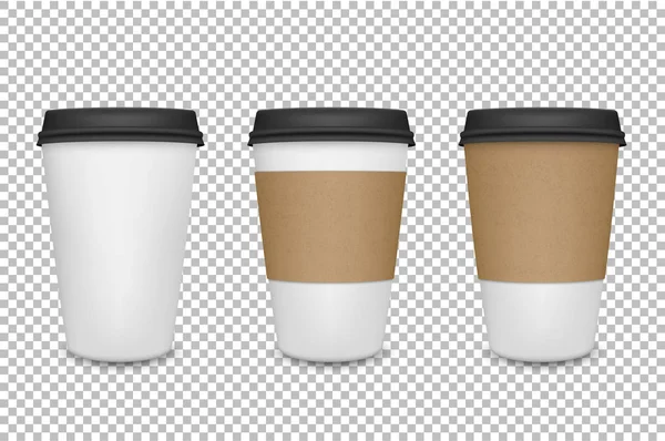 Vektör gerçekçi 3d kağıt kahve fincanı simge closeup saydamlık ızgara arka plan üzerinde ayarlayın. Grafik, Tasarım şablonunda mockup. Önden görünüm