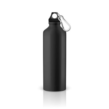 Vektör gerçekçi 3d siyah boş parlak metal su şişesi izole beyaz arka plan üzerinde siyah tıkamak closeup ile. Ambalaj mockup grafikler için tasarım şablonu. Önden görünüm