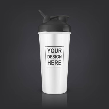 Vektör gerçekçi 3d beyaz boş parlak metal shaker siyah arka plan üzerine siyah kap simgesi closeup ile spor beslenmesi için. Ambalaj mockup grafikler için tasarım şablonu. Önden görünüm