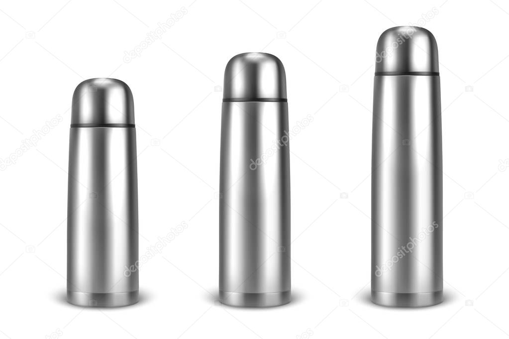 Vector realistic 3d different size - small, medium, large - empty glossy metal vacuum thermo tumbler flask icon set closeup on white background. Design template of packaging mockup for graphics. Front