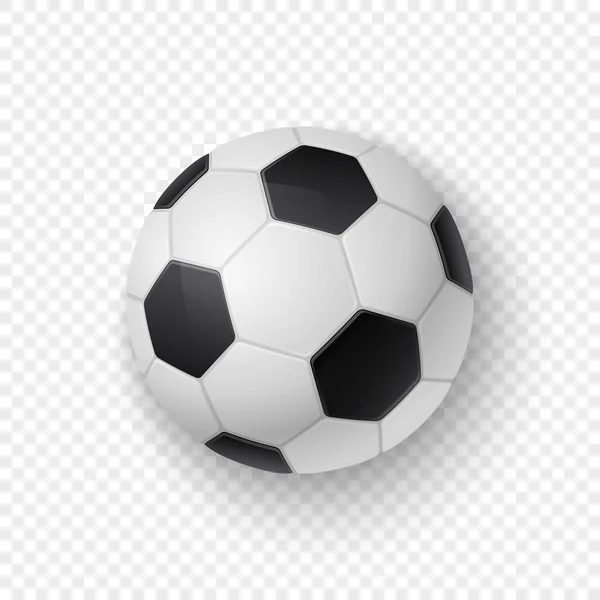 Vector realistische 3d witte en zwarte klassieke voetbal soccer ball pictogram close-up geïsoleerd op transparantie raster achtergrond. Ontwerpsjabloon voor graphics, mockup. Bovenaanzicht — Stockvector
