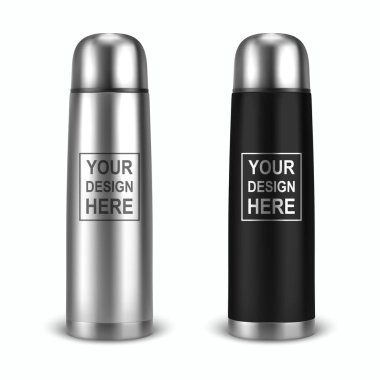 Vektör gerçekçi 3d boş parlak metal Vakum termo tumbler şişesi simgesi closeup beyaz arka plan üzerinde ayarlayın. Ambalaj mockup grafikler için tasarım şablonu. Önden görünüm