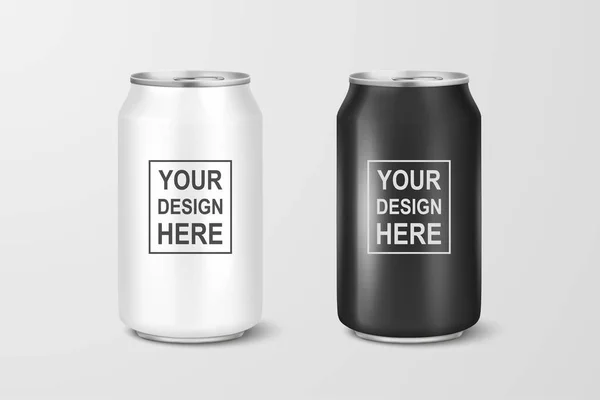 Vector realistic 3d empty glossy metal white and black aluminium beer pack or can set visual 330ml. Can be used for lager, alcohol, soft drink, soda, fizzy pop, lemonade, cola, energy drink, juice — Stockvector