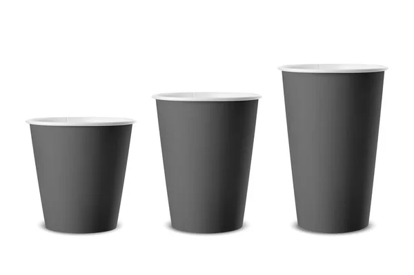 Vector realista 3d papel negro icono taza desechable conjunto primer plano aislado sobre fondo blanco. Diferentes tamaños: pequeño, mediano y grande. Plantilla de diseño para gráficos, maqueta. Vista frontal — Archivo Imágenes Vectoriales