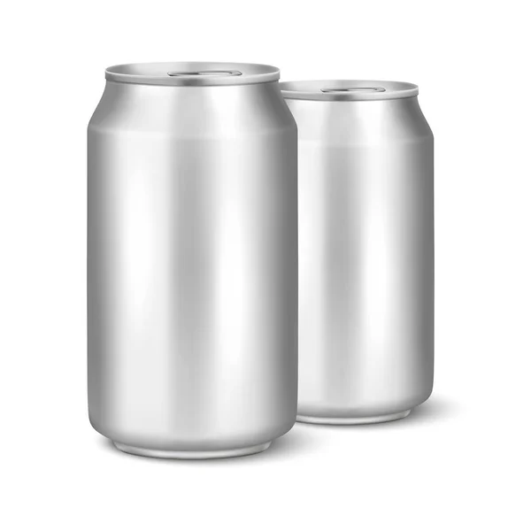 Dwa wektor realistyczny 3d pusty błyszczący metal srebrny aluminiowy piwo pack lub można visual 330ml. Mogą być używane dla lager, alkoholu, napojów bezalkoholowych, soda, gazowanych pop, lemoniady, cola, napój energetyczny, soku, wody itp — Wektor stockowy