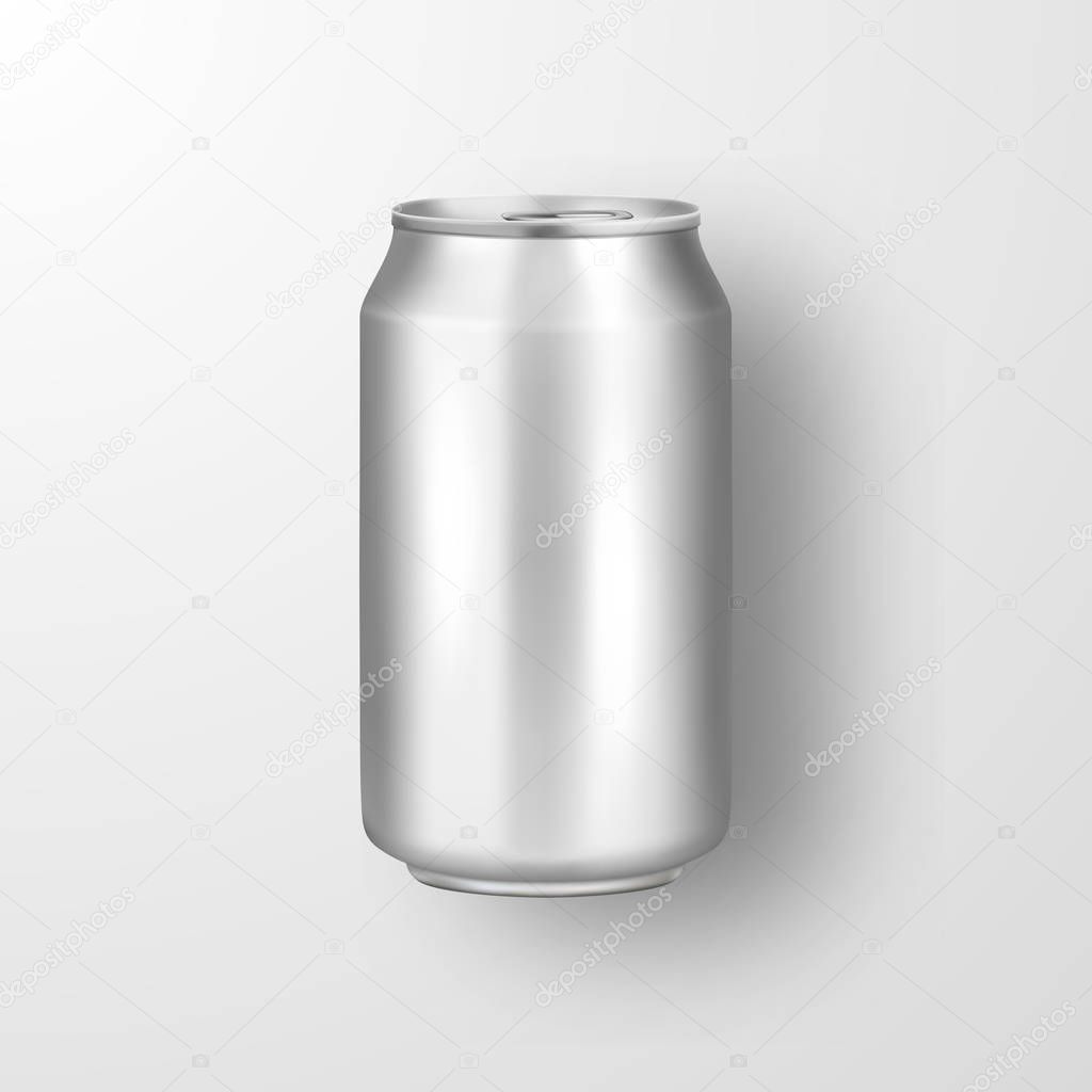 Vector realistic 3d empty glossy metal silver aluminium beer pack or can visual 330ml. Can be used for lager, alcohol, soft drink, soda, fizzy pop, lemonade, cola, energy drink, juice, water etc. Icon