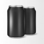 Dvě vektor realistické 3d prázdné lesklý kovový Černý hliník pivo pack nebo může vizuální 330ml. Lze použít pro ležák, alkohol, nealko, soda, šumivé pop, limonády, cola, energetický nápoj, šťáva, voda atd