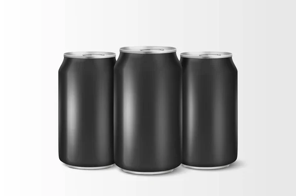 Tres vector realista 3d vacío brillante metal negro paquete de cerveza de aluminio o puede visual 330ml. Se puede utilizar para la cerveza, alcohol, refresco, soda, gaseosa, limonada, cola, bebida energética, jugo, agua, etc. — Archivo Imágenes Vectoriales