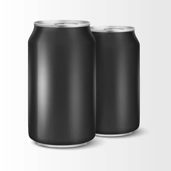 Two Vector realistic 3d empty glossy metal black aluminium beer pack or can visual 330ml. Can be used for lager, alcohol, soft drink, soda, fizzy pop, lemonade, cola, energy drink, juice, water etc — Stock Vector
