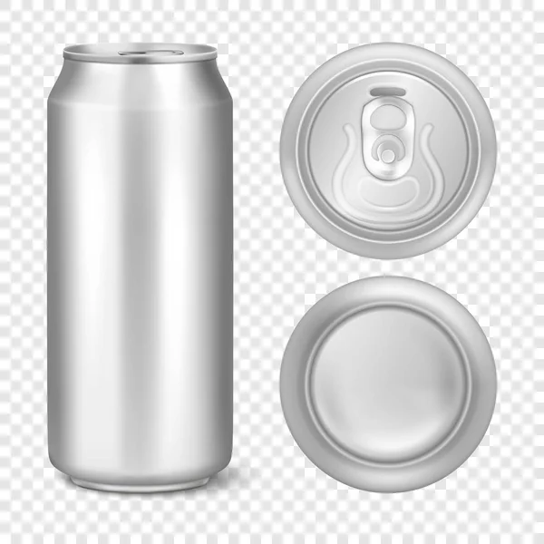 Vettore realistico 3d vuoto metallo lucido argento confezione di birra in alluminio o lattina visiva 500ml. Può essere usato per lager, alcool, bibita, soda, pop frizzante, limonata, cola, bevanda energetica, succo di frutta, acqua ecc. Icona — Vettoriale Stock