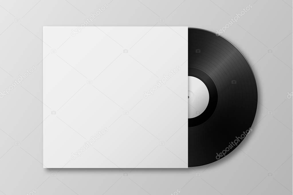 Vector realistic 3d music gramophone vinyl LP record with cover icon closeup isolated on white background. Design template of retro long play for advertising, branding, mockup, packaging for graphics