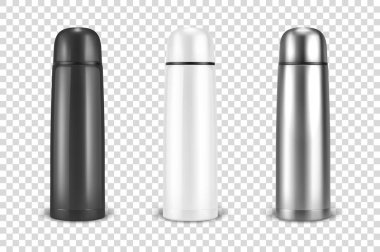 Vektör gerçekçi 3d siyah, beyaz ve gümüş boş parlak metal Vakum termo tumbler şişesi simgesi closeup saydamlık ızgara arka plan üzerinde ayarlayın. Ambalaj mockup grafikler için tasarım şablonu. Açık