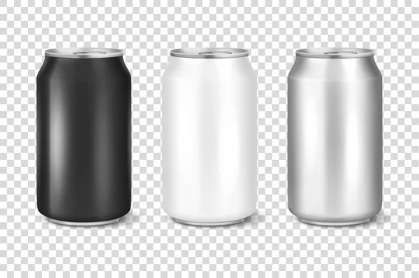 Vector realistic 3d empty glossy metal white, black and silver aluminium beer pack or can set visual 330ml. Can be used for lager, alcohol, soft drink, soda, fizzy pop, lemonade, cola, energy drink — Stock Vector