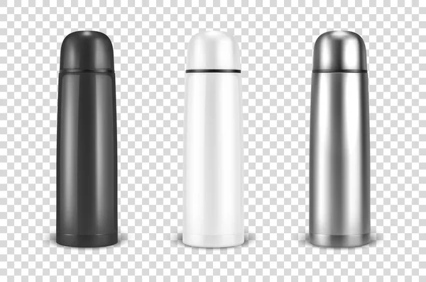 Vector realistic 3d black, white and silver empty glossy metal vacuum thermo tumbler flask icon set closeup on transparency grid background. Design template of packaging mockup for graphics. Front — Stock Vector