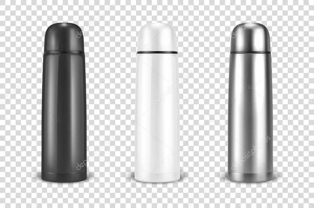 Vector realistic 3d black, white and silver empty glossy metal vacuum thermo tumbler flask icon set closeup on transparency grid background. Design template of packaging mockup for graphics. Front