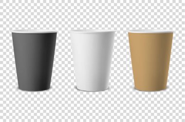 Vektör gerçekçi 3d beyaz, siyah ve kahverengi kağıt tek kullanımlık Kupası Icon izole closeup saydamlık ızgara arka plan üzerinde set zanaat. Grafik, Tasarım şablonunda mockup. Önden görünüm