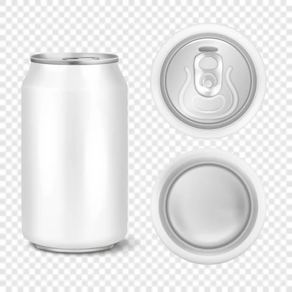 Realistische 3D-lege glanzende metalen witaluminium bier pack vector of kan visuele 330ml. Kan worden gebruikt voor pils, alcohol, frisdrank, frisdrank, koolzuurhoudende pop, limonade, cola, energiedrank, SAP, water enz. Pictogram — Stockvector