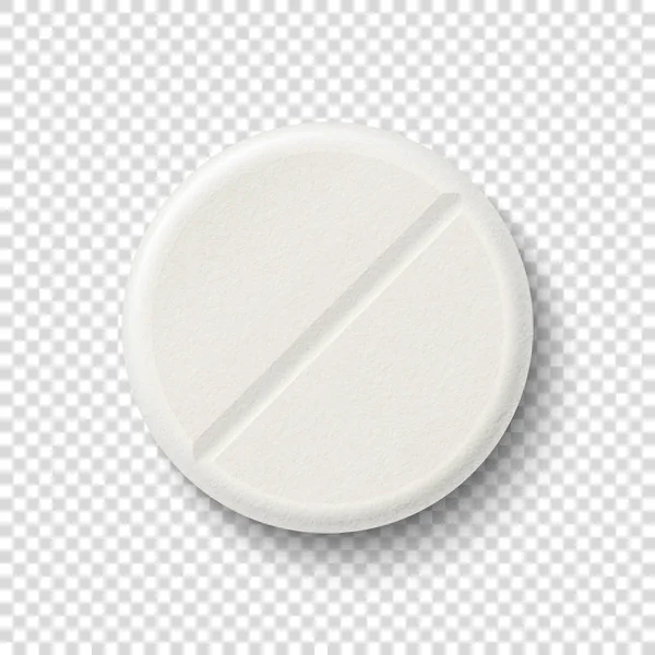 Vektor realistické 3d ikona bílé lékařské pilulka izolované na pozadí mřížky průhlednosti. Šablona návrhu pro grafiku, bannery. Pohled shora — Stockový vektor