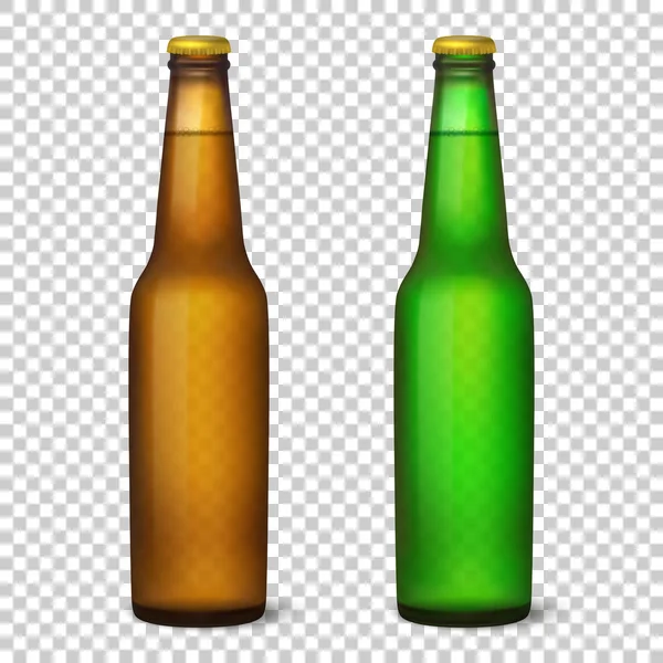Vector realista 3d vazio garrafa de cerveja marrom brilhante e verde com ícone cap set close-up isolado no fundo grade transparência. Modelo de design de embalagem mockup para gráficos. Vista frontal. Embalagem —  Vetores de Stock
